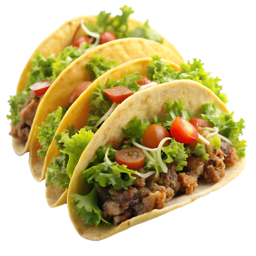 a close up of three taco toros on a white background