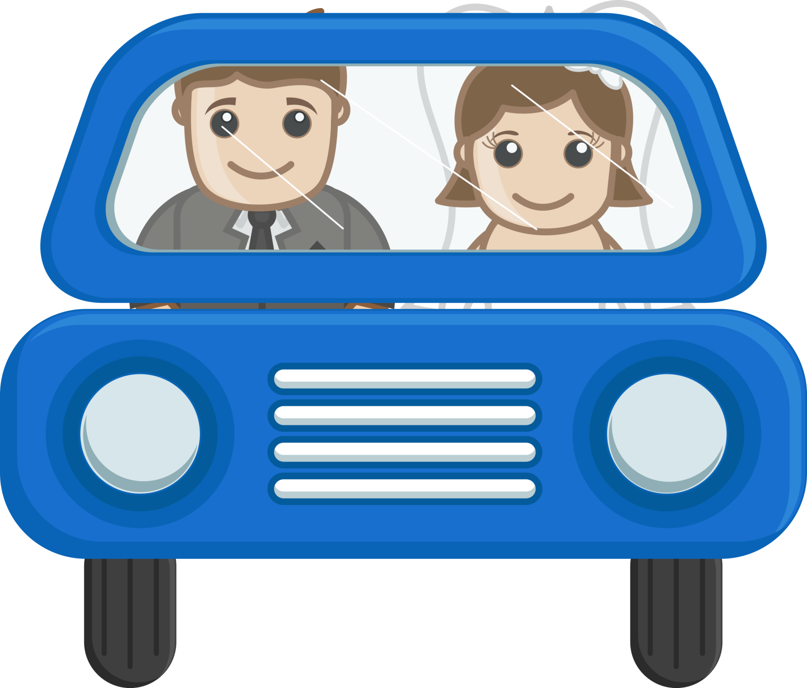 a man and woman in a blue car