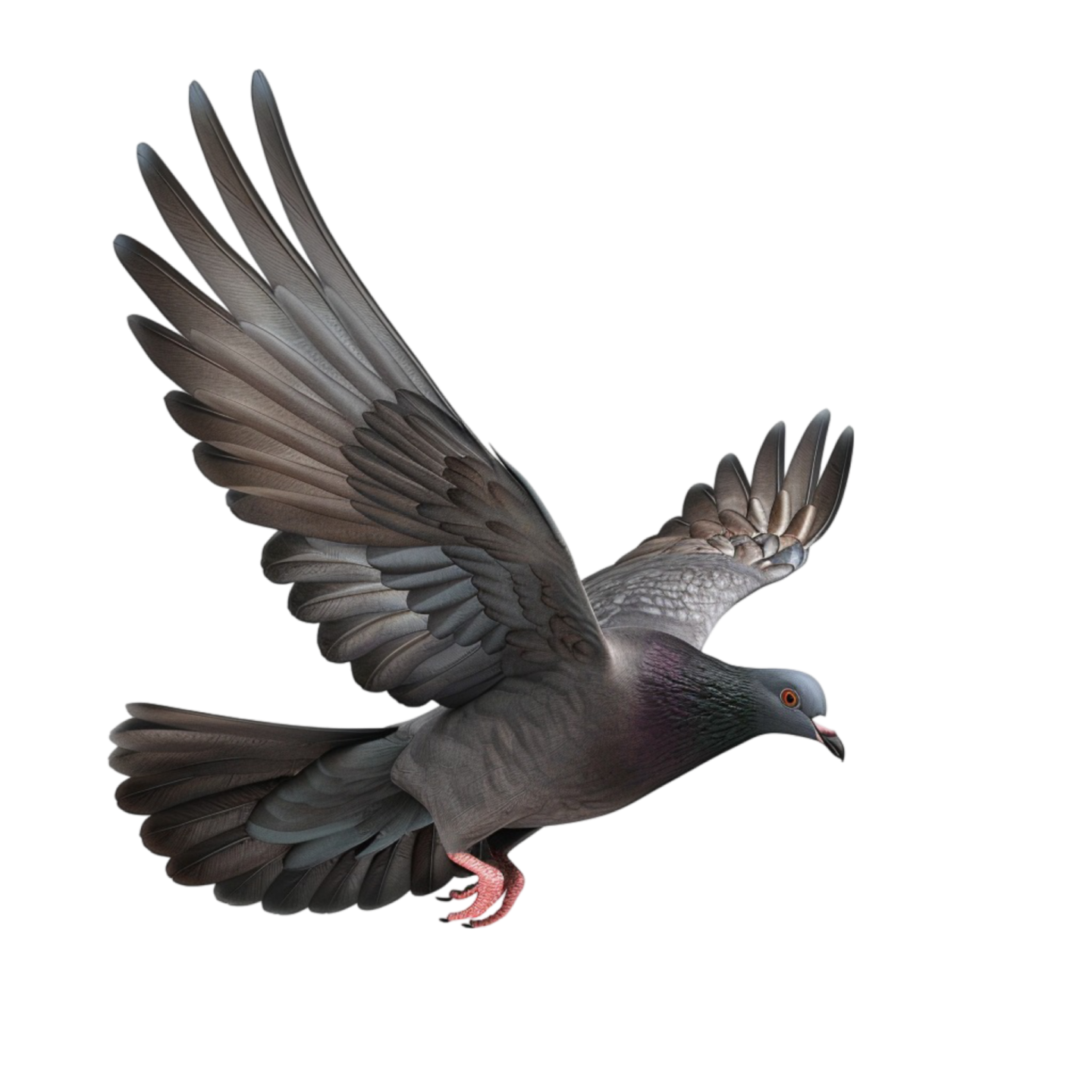 a pigeon flying with its wings spread out