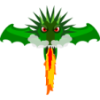 a green dragon with red eyes and wings