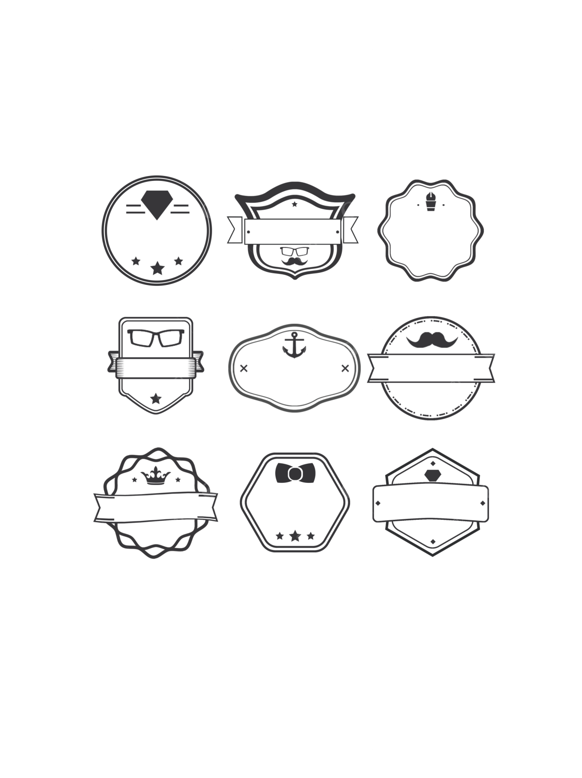 a set of black and white badges with different shapes