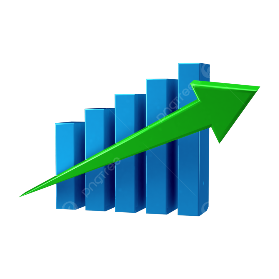 a green arrow pointing upward over a blue bar chart