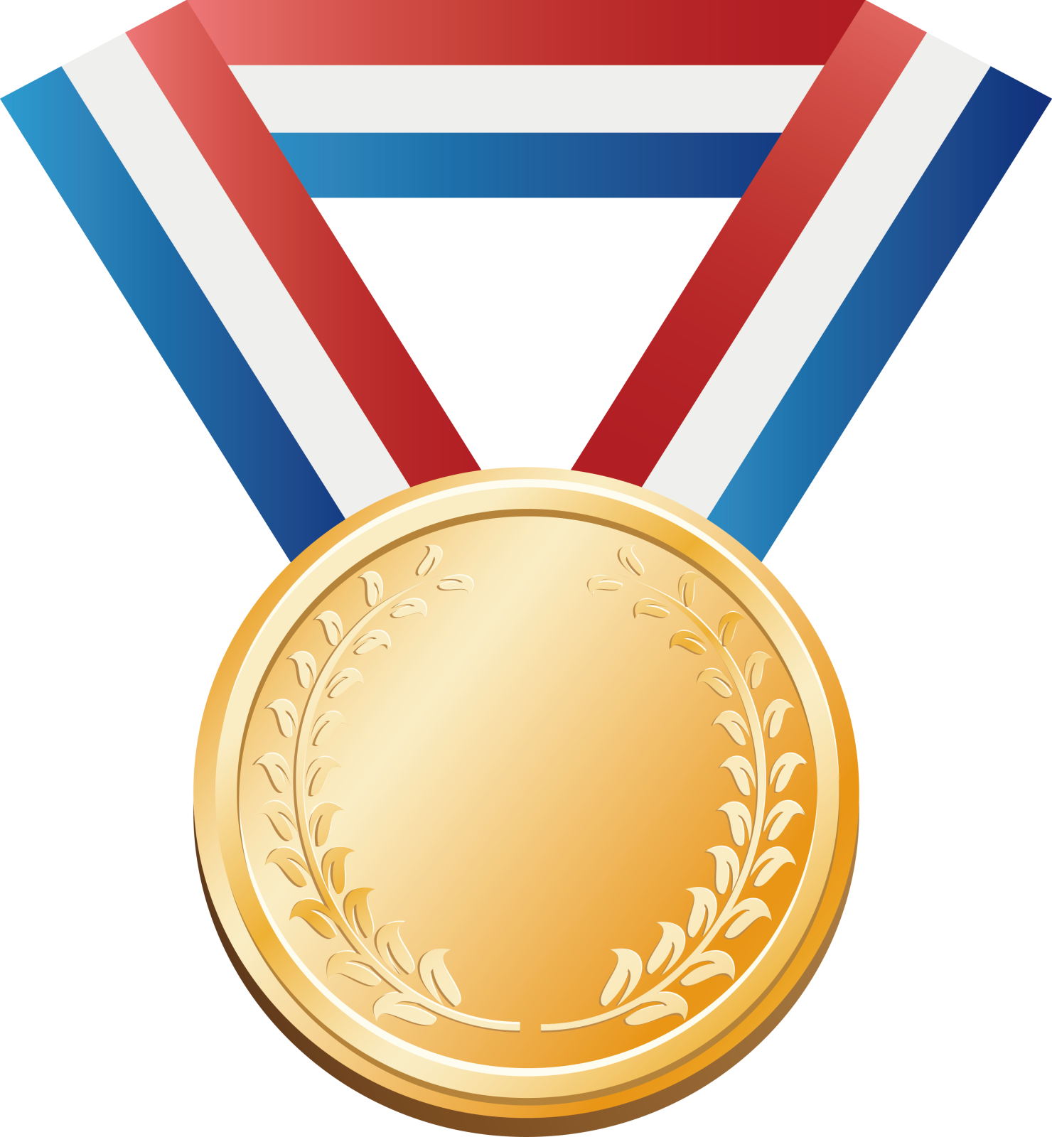 a gold medal with red, white and blue ribbons