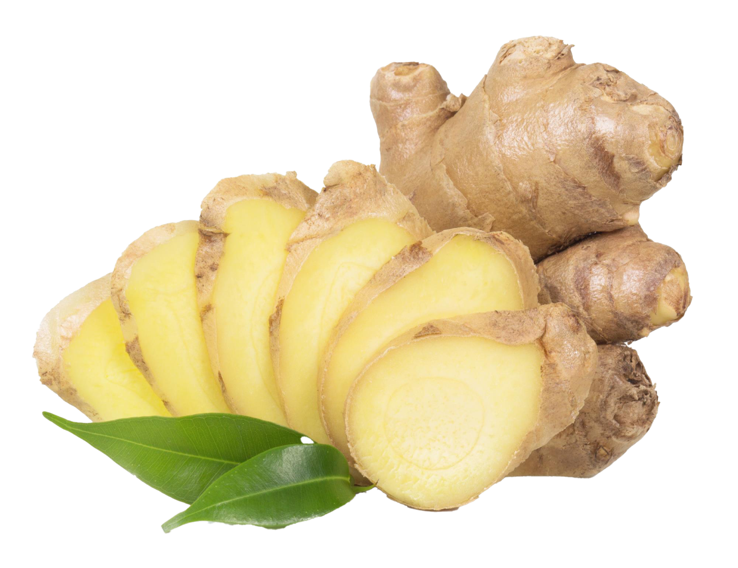 a bunch of sliced ginger with green leaves
