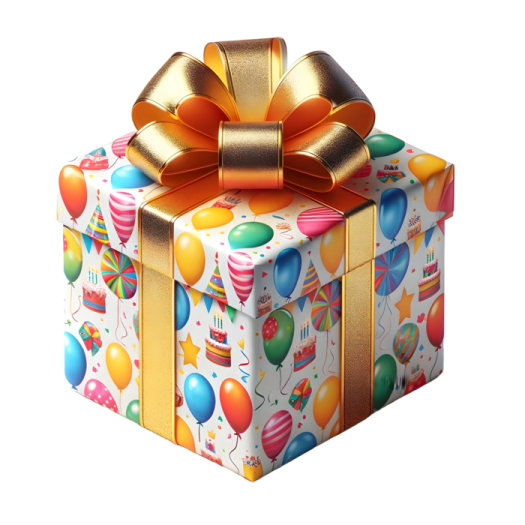 a gift box with balloons and gold ribbon