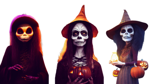 three women in halloween costumes holding pumpkins