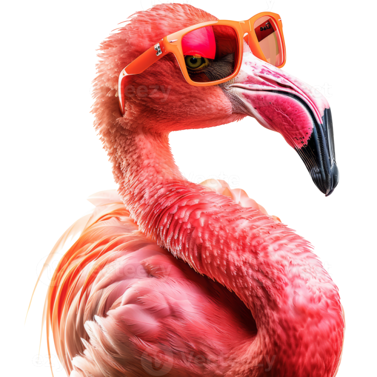 a close up of a pink flaming wearing sunglasses