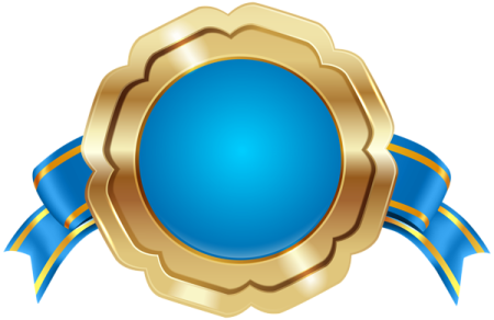 a gold medal with a blue ribbon around it