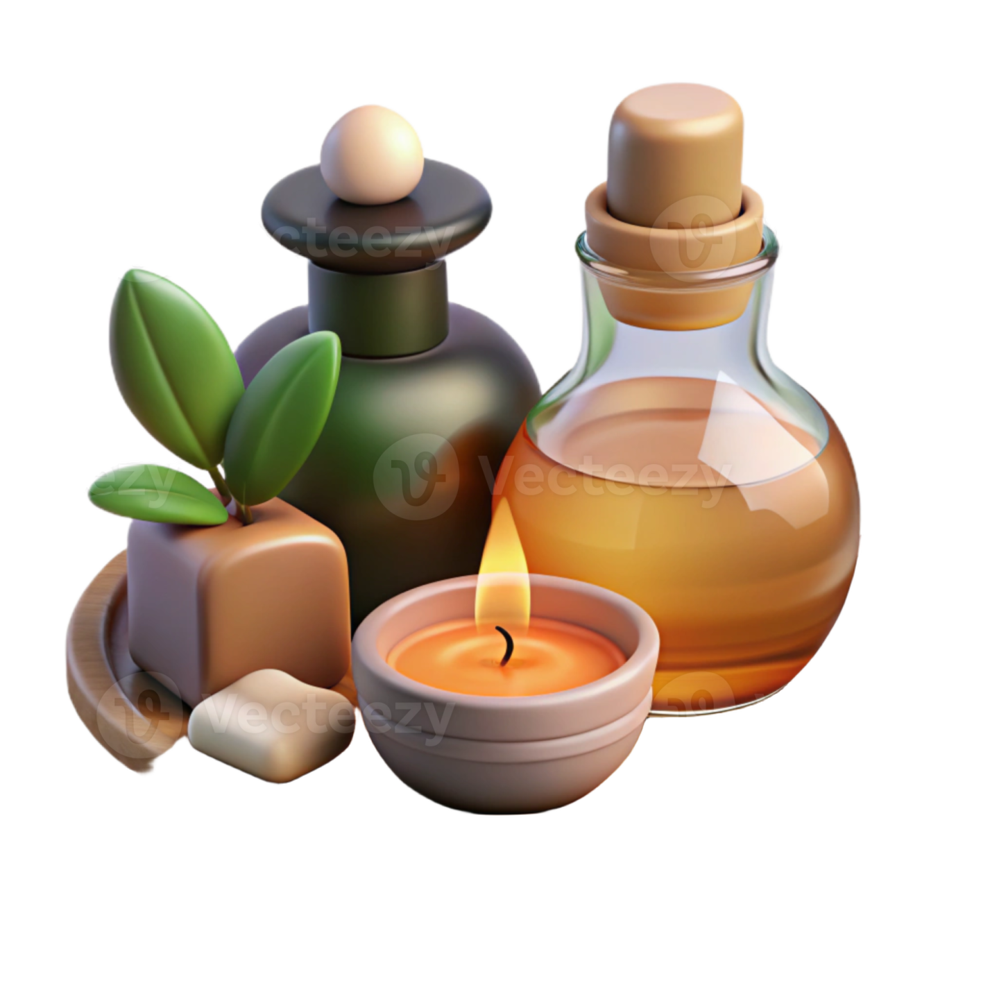 a bottle of oil and some soaps on a wooden plate
