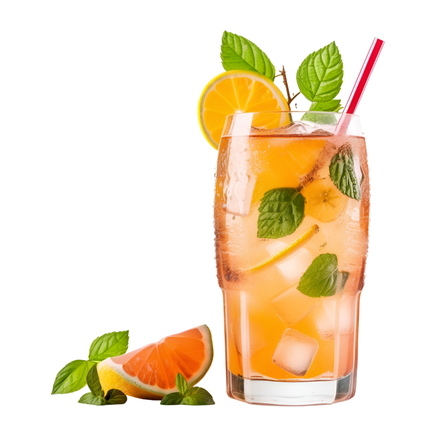 a glass filled with ice and orange slices