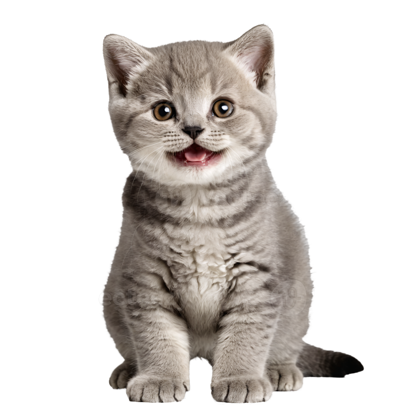 a small kitten sitting down and looking at the camera