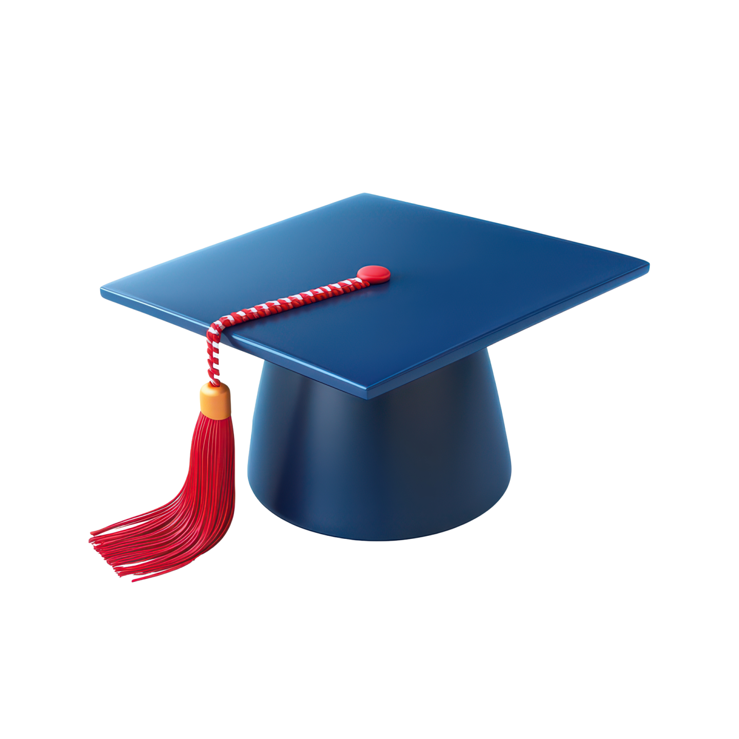 a blue graduation cap with a red ta