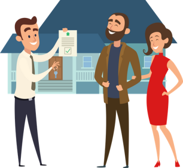 a man and woman standing in front of a house