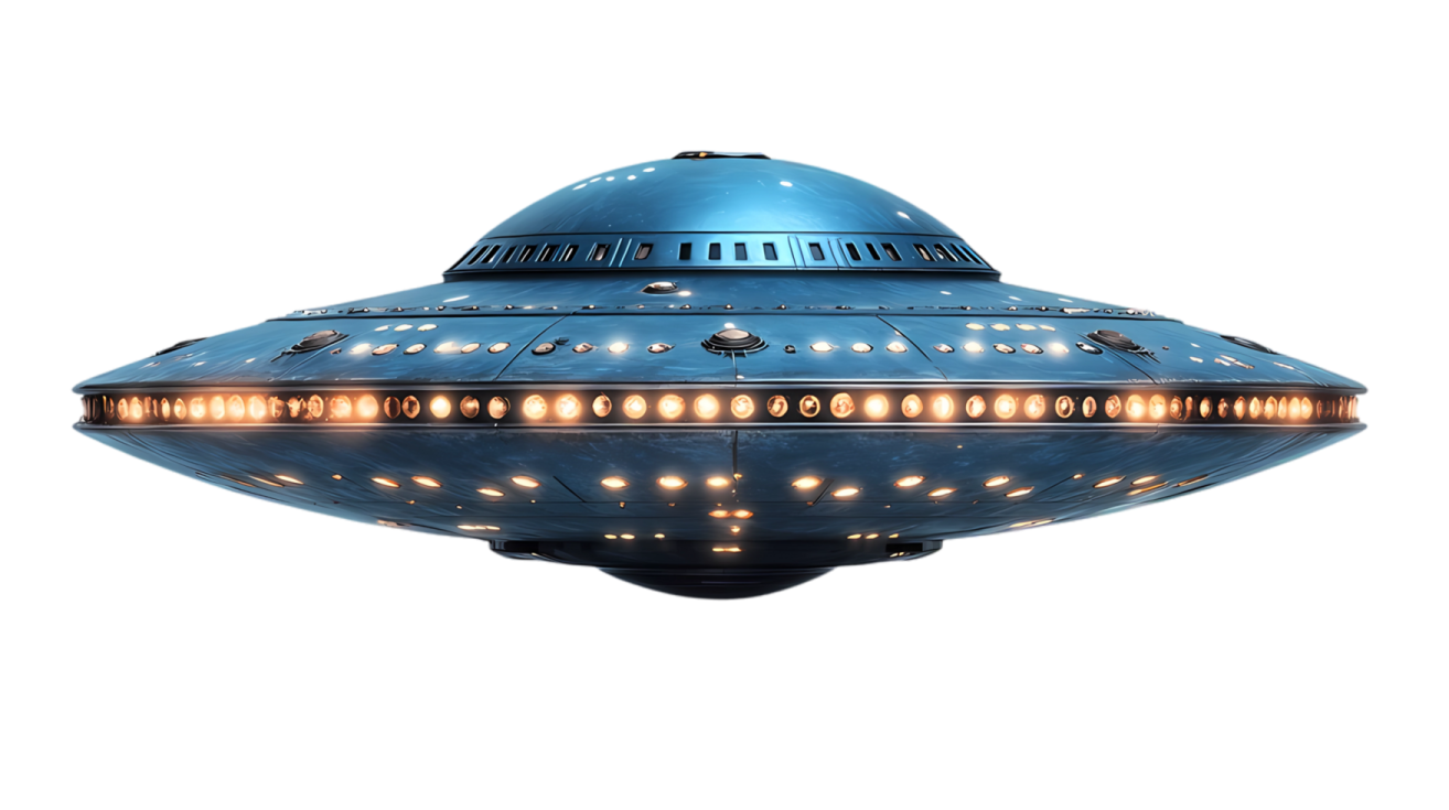 a blue flying object with lights on it