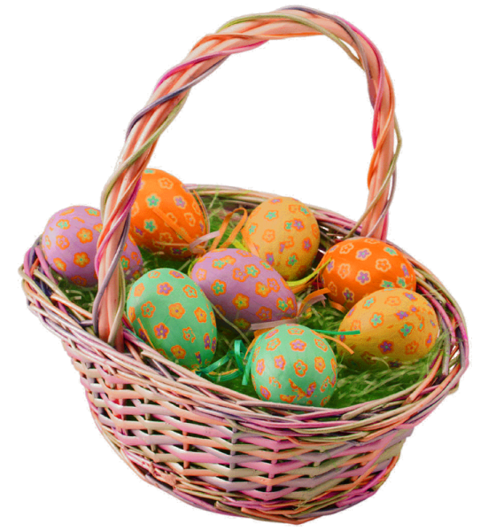 an easter basket filled with painted eggs