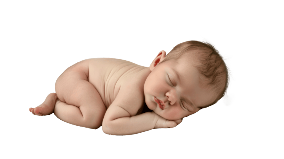 a baby sleeping on a white background