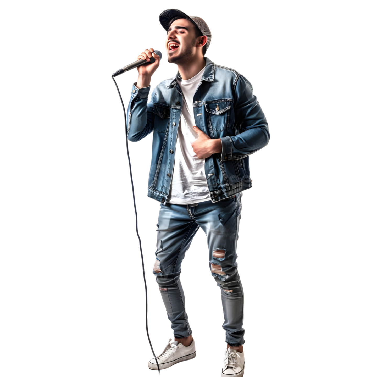 a young man singing into a microphone on a white background