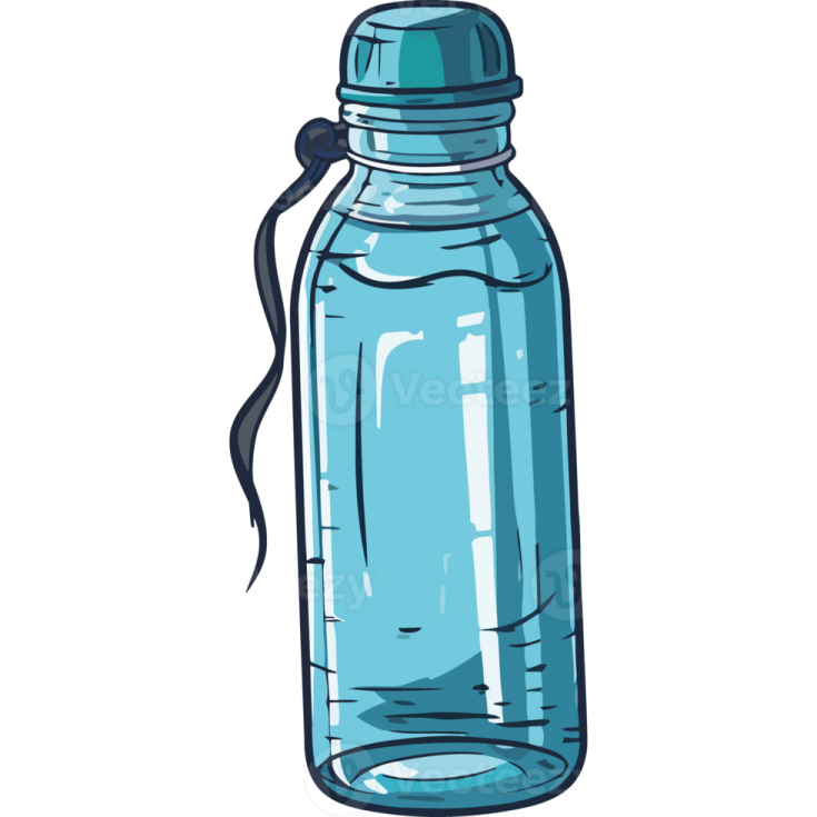 a blue water bottle with a black ribbon around it