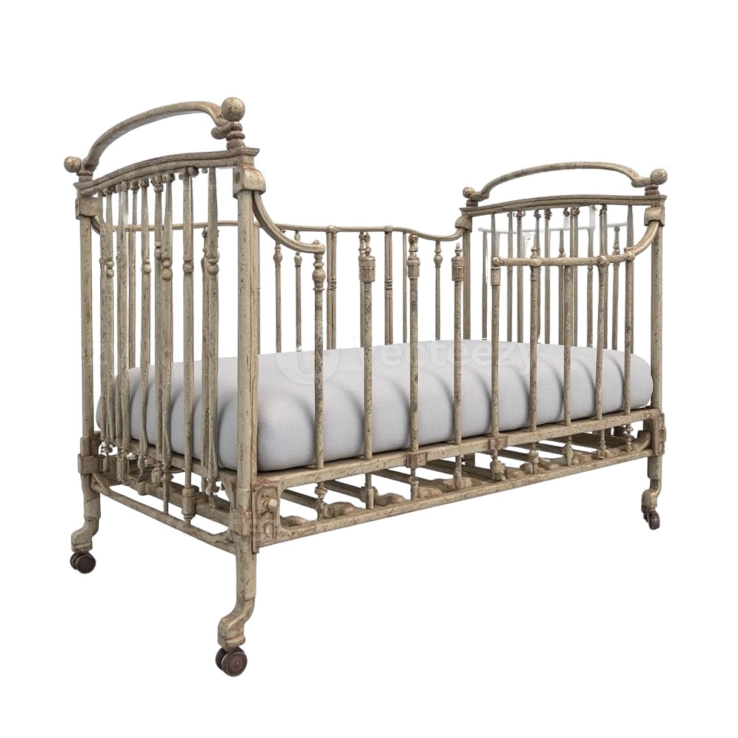 a wooden cribt with white sheets on it