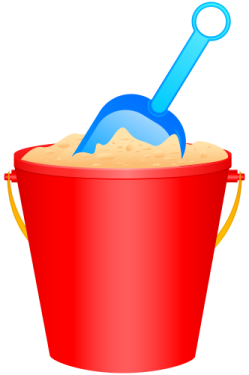 a red bucket with a shovel in it