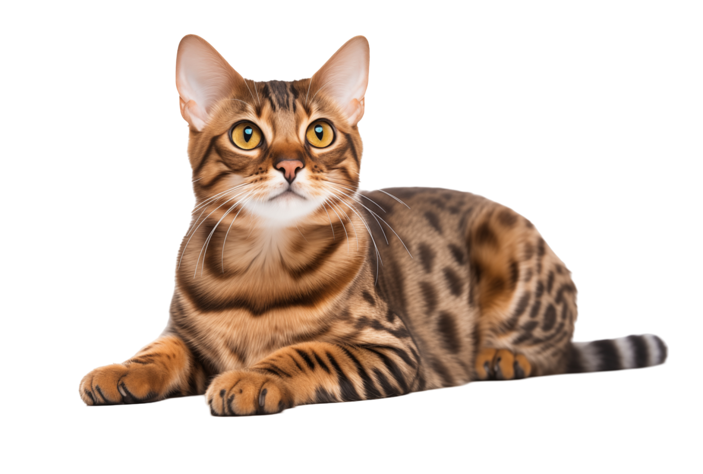 a cat with yellow eyes laying down on the floor