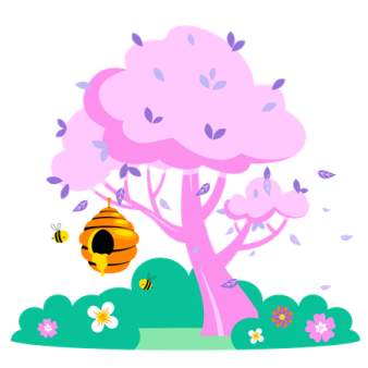 a bee flying near a tree with flowers