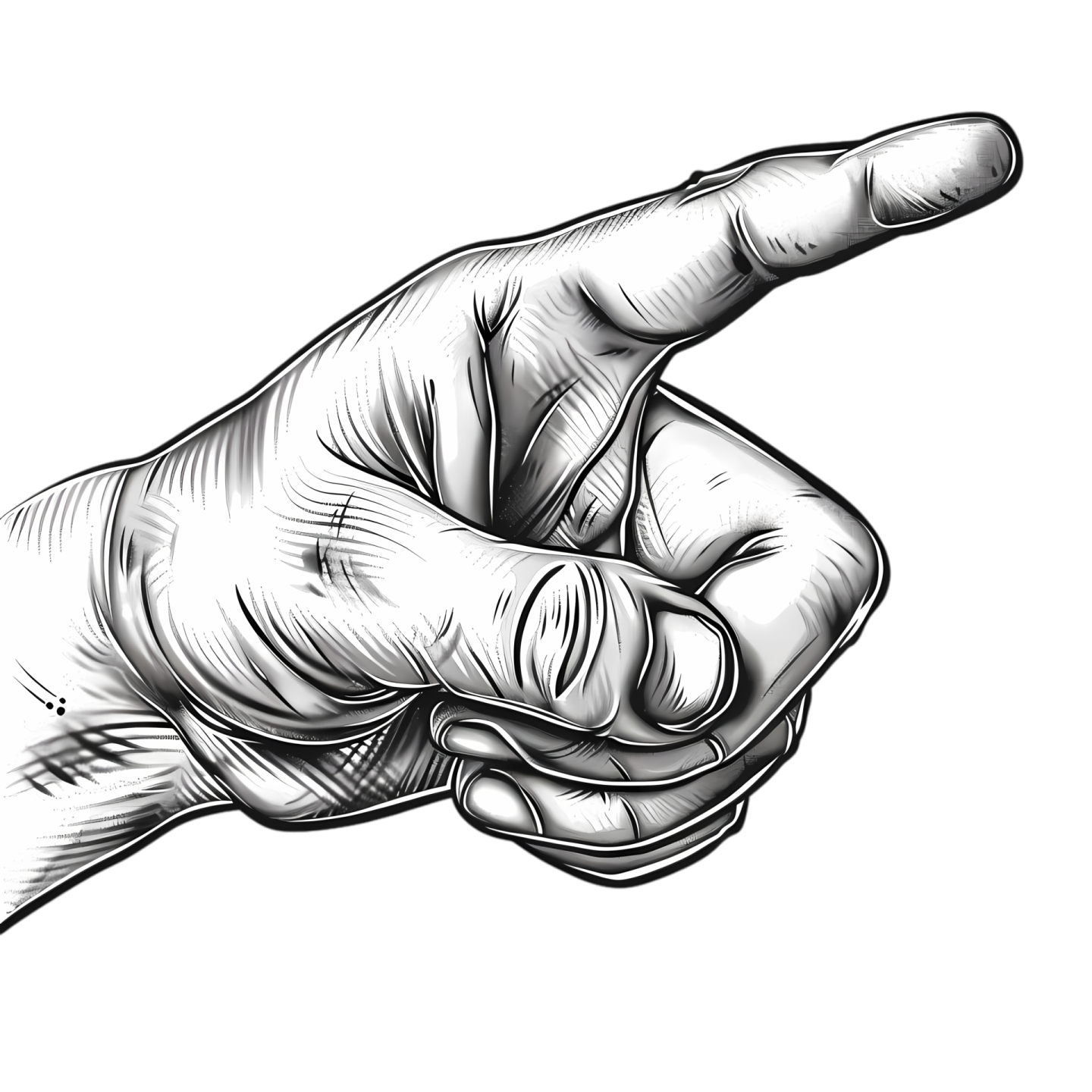 a black and white drawing of a hand pointing at the viewer