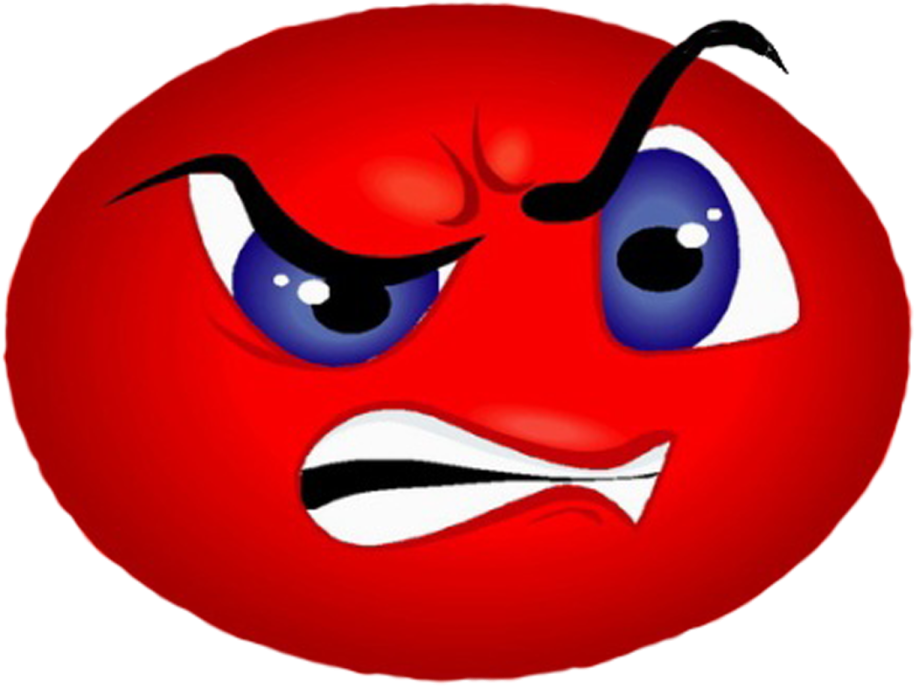 a red ball with blue eyes and an angry expression