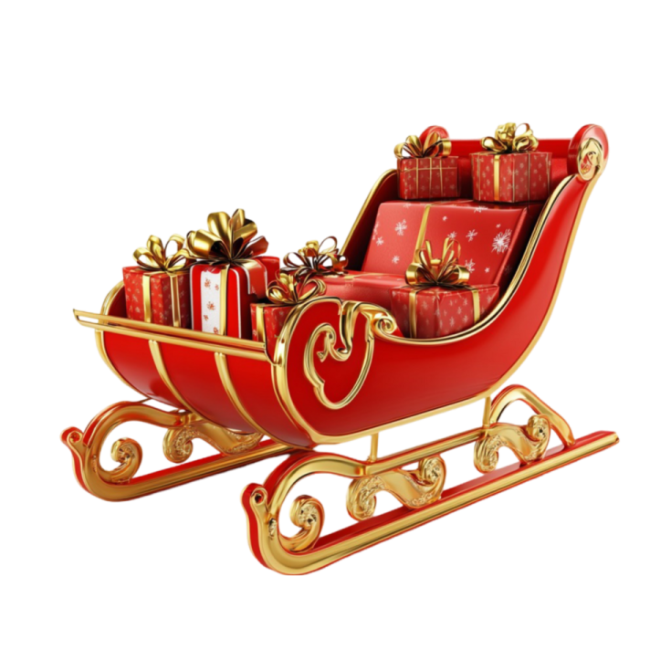 a red and gold sled with presents on it