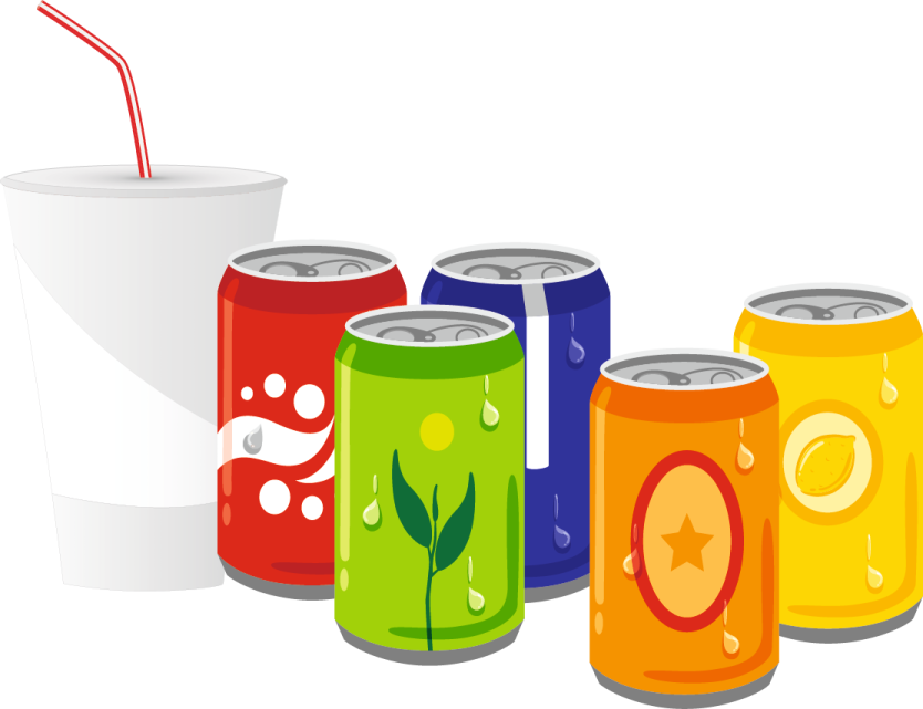 a group of cans of sodas with a straw and a plastic cup