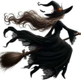 a witch flying in the air with her broom