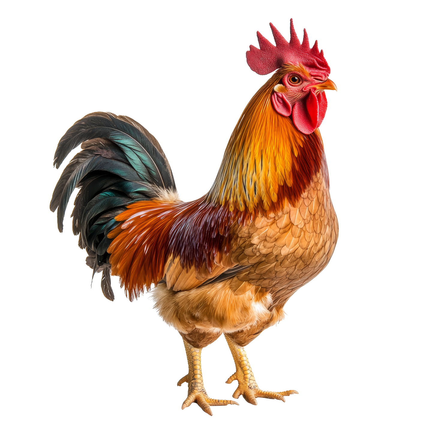 a rooster is standing on a white surface