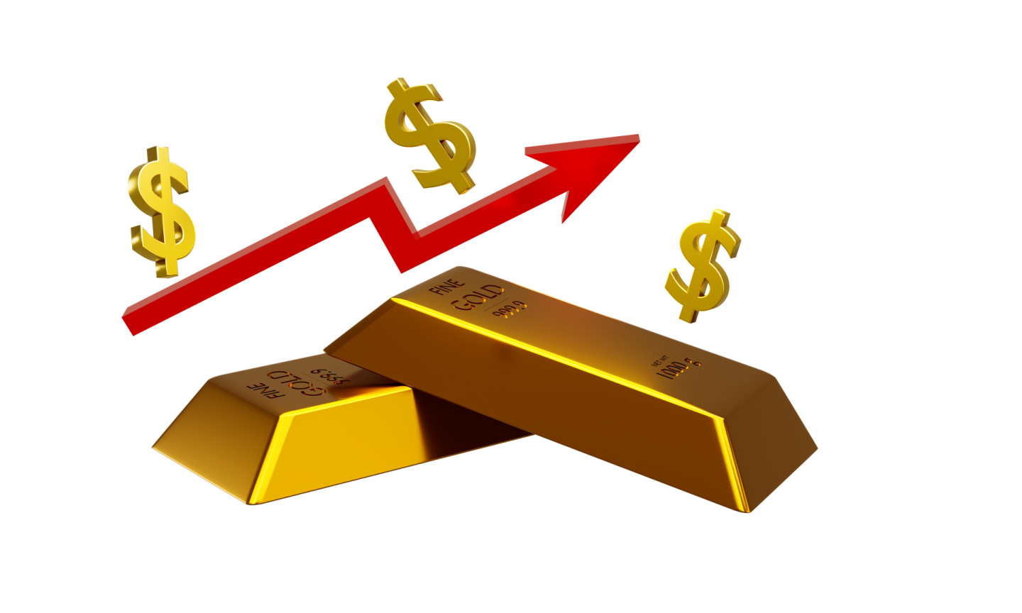 two gold bars with a red arrow and dollar signs