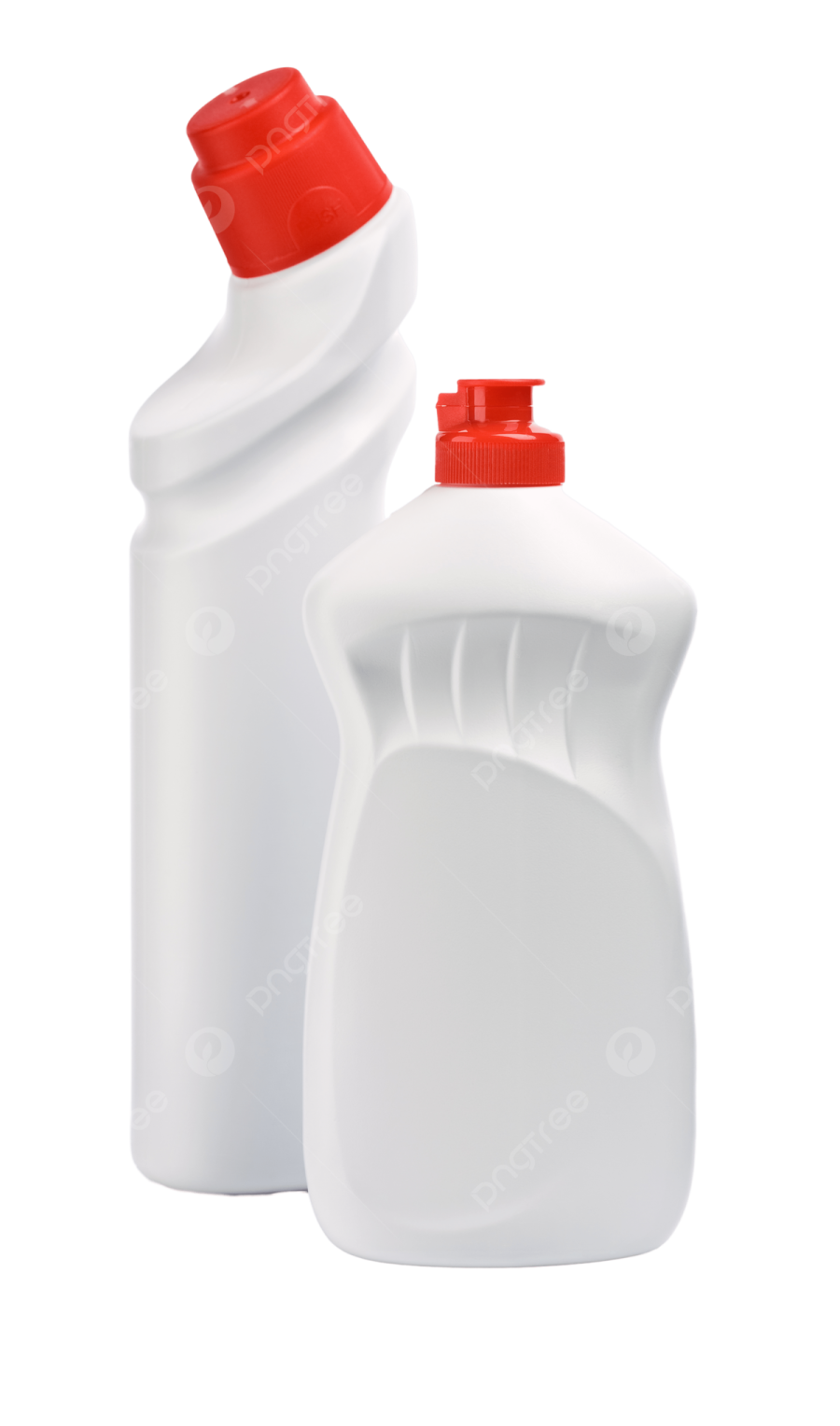 two white plastic bottles with red caps on a white background