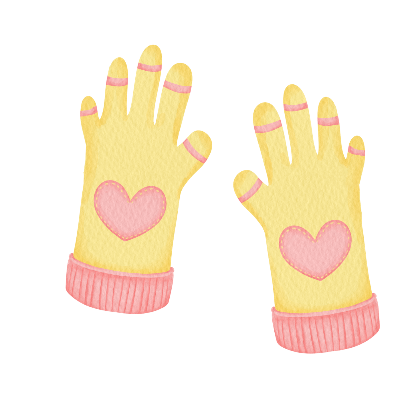 two yellow gloves with pink hearts on them