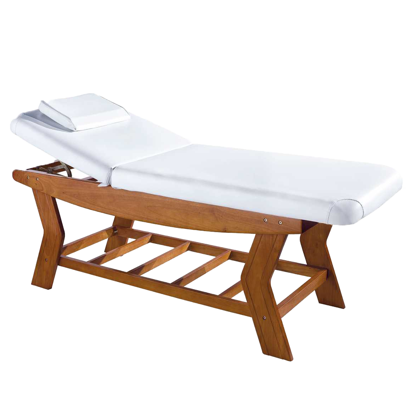 a wooden massage table on a white background