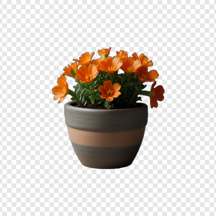 a pot of orange flowers on a white background