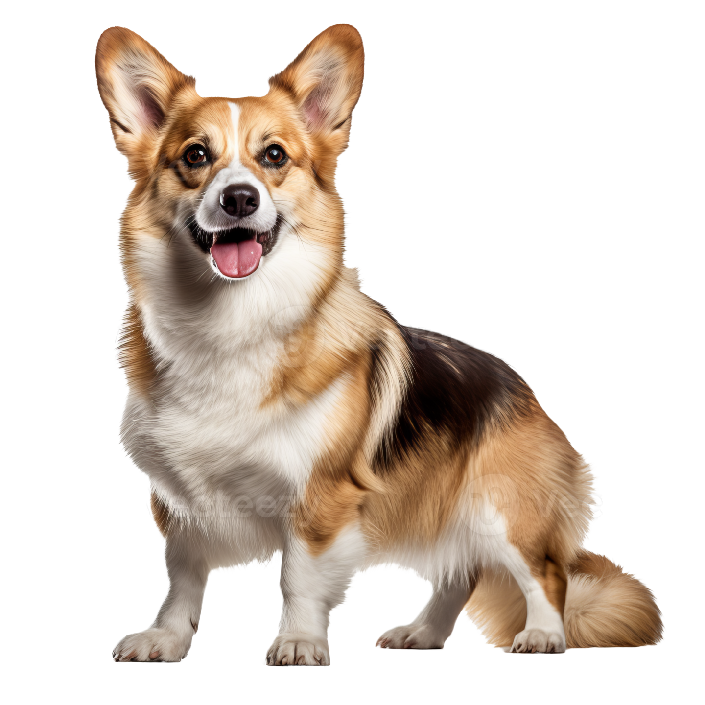 a brown and white dog with its tongue out