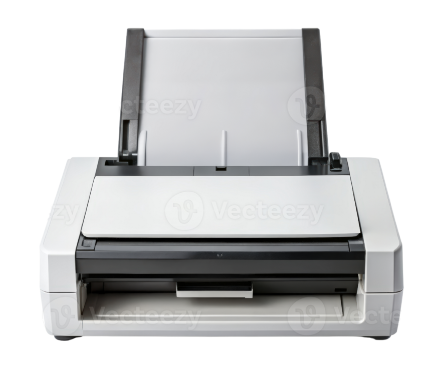 a white printer with a black and white cover