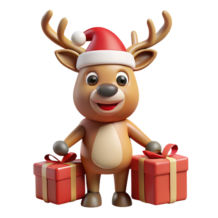 a reindeer with a christmas hat and gift boxes