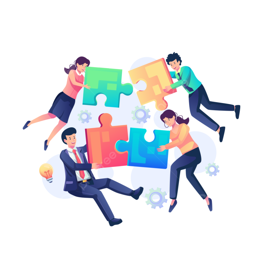 a group of people working together with puzzles