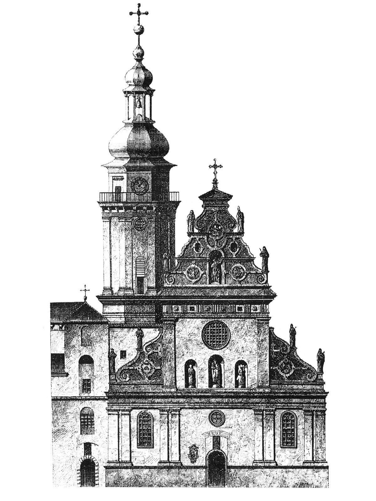 a black and white drawing of a church