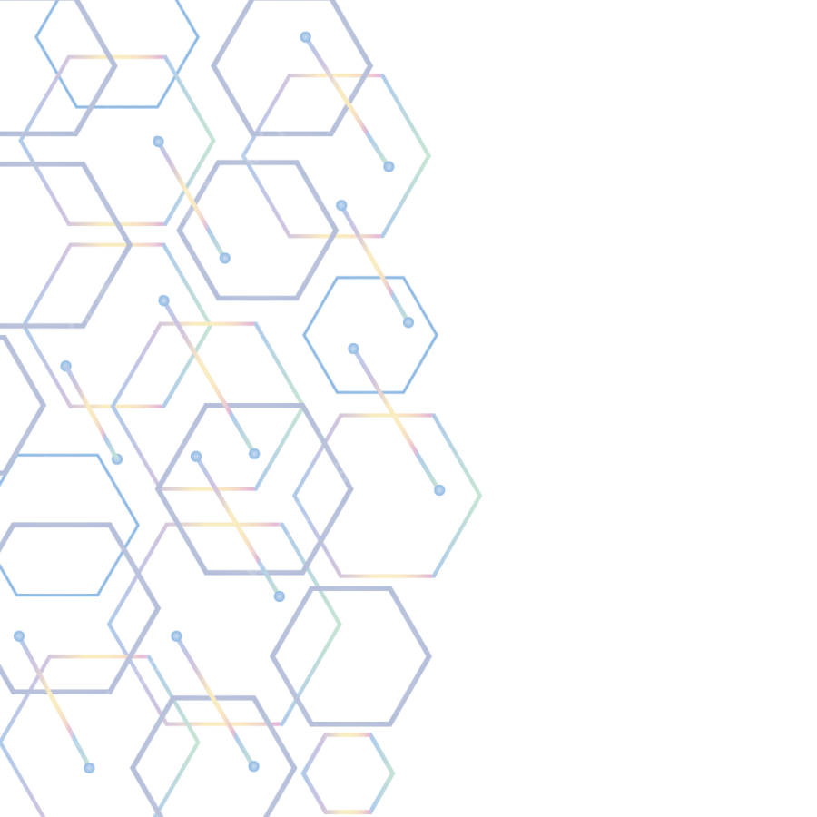 a white background with colorful lines and hexagons