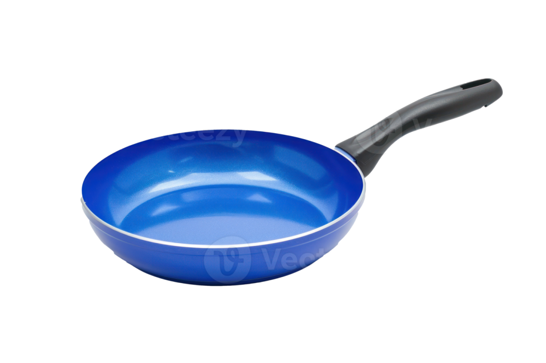 a blue frying pan on a white background