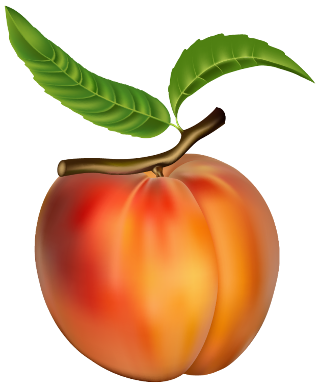 a peach with green leaves on it