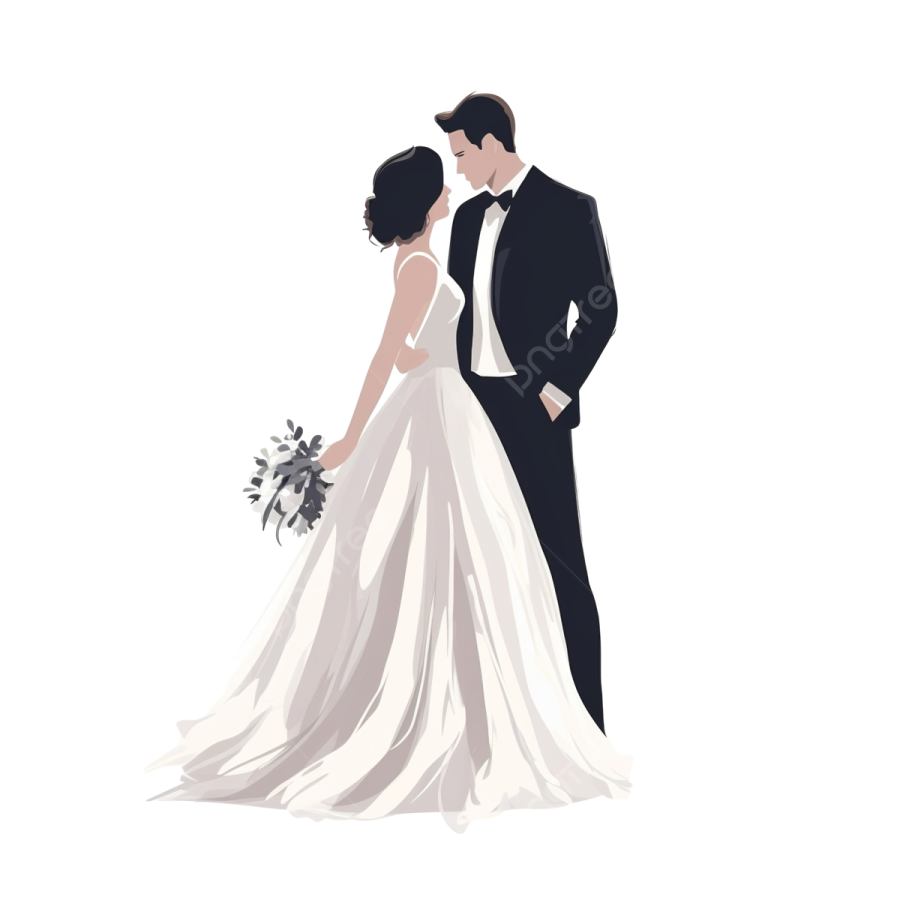 a bride and groom in their wedding attire
