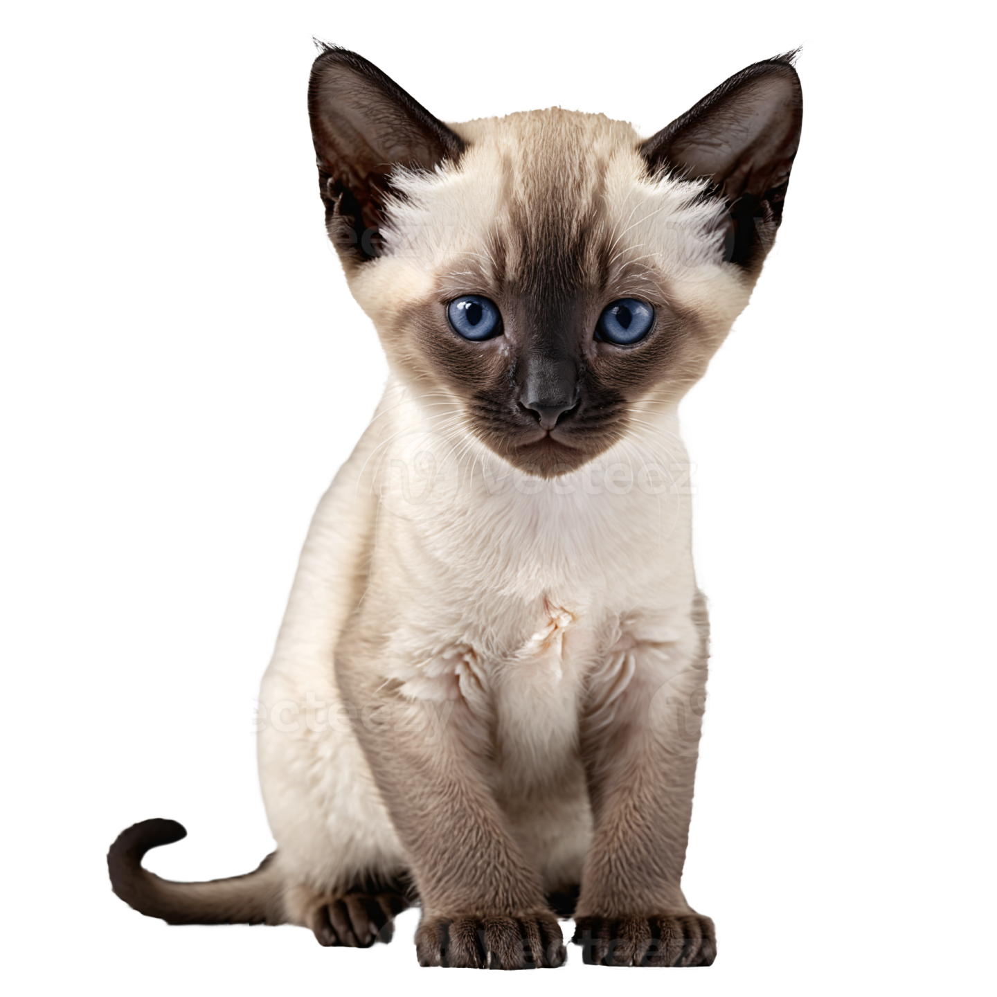 a siam cat with blue eyes sitting down