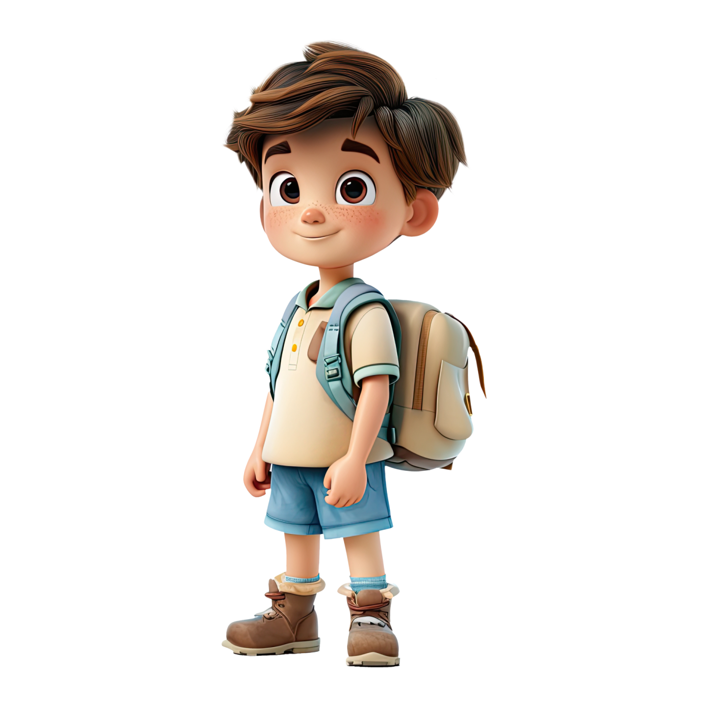 a young boy with a backpack standing in front of a white background
