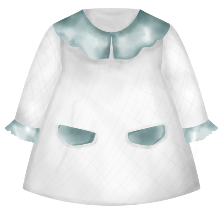 a white dress with blue collar and cuffs