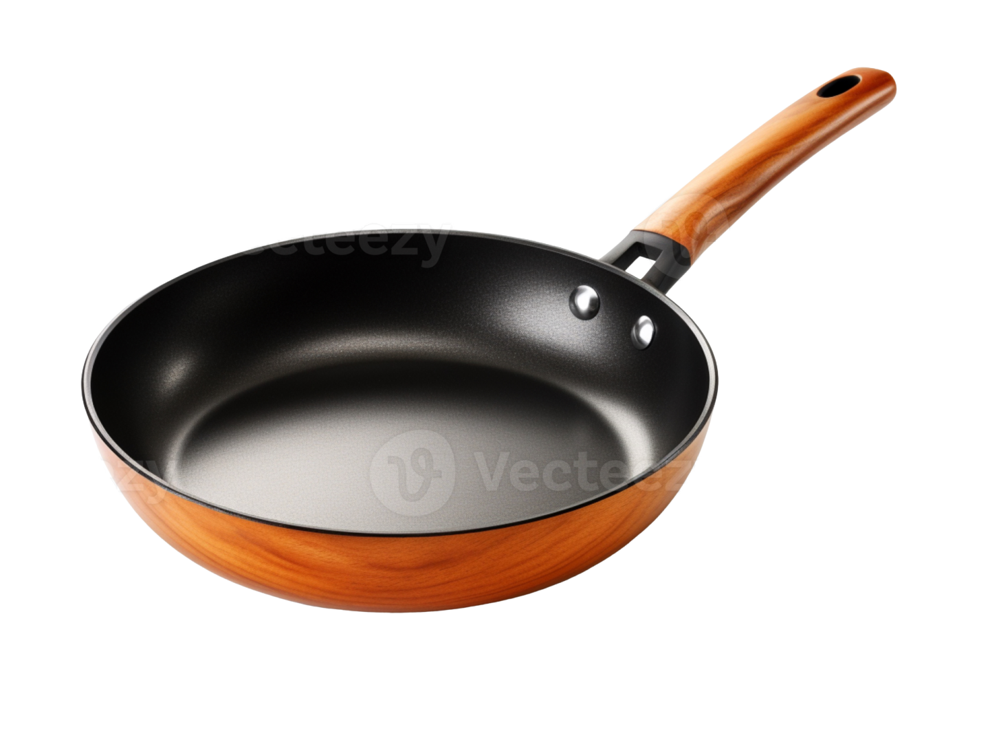 an empty frying pan with a wooden handle